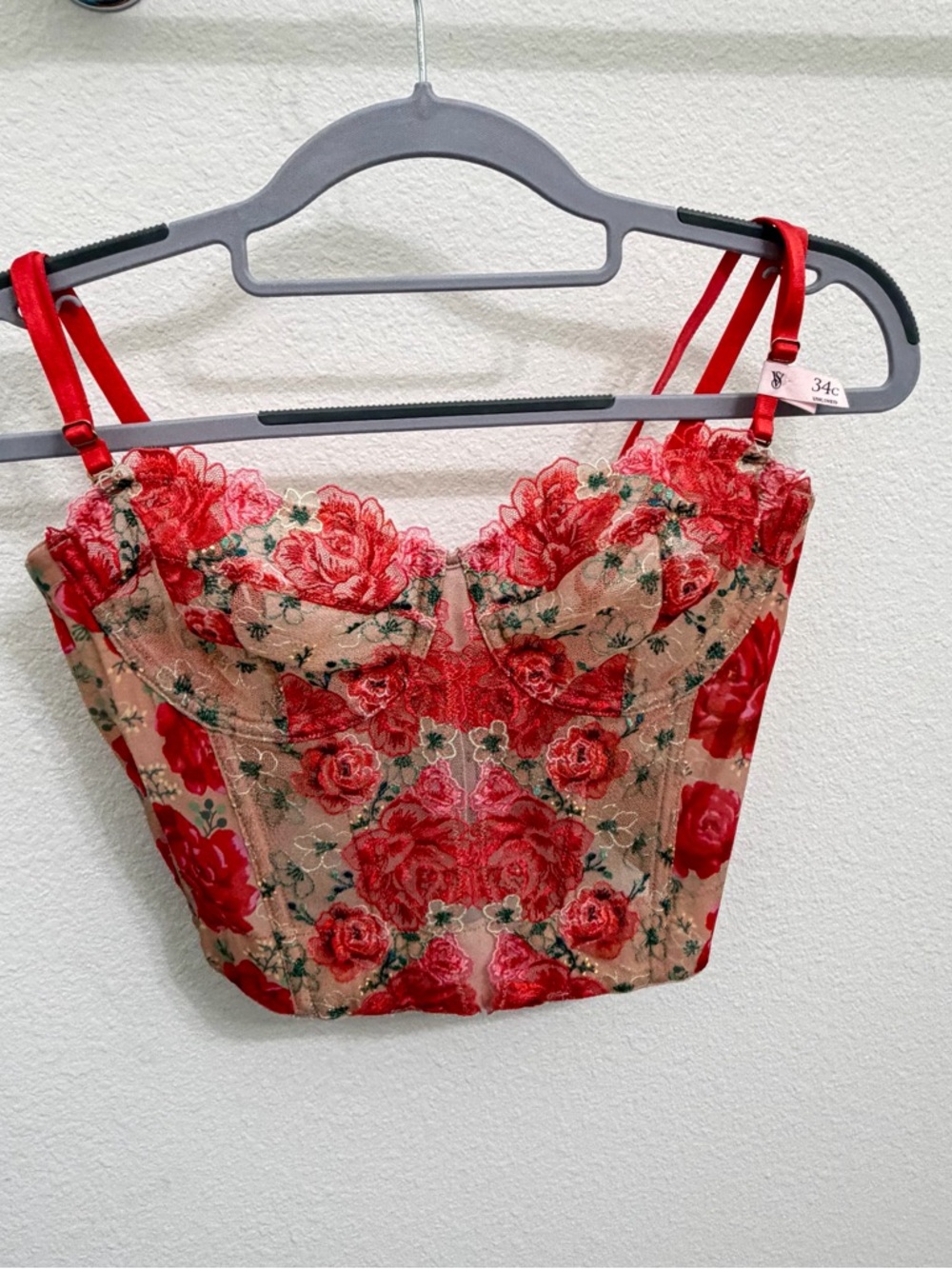 34C VS Dream Angels Tomato Red Embroidered Illuminating Blooms Corset Bra Top - Picture 12 of 14